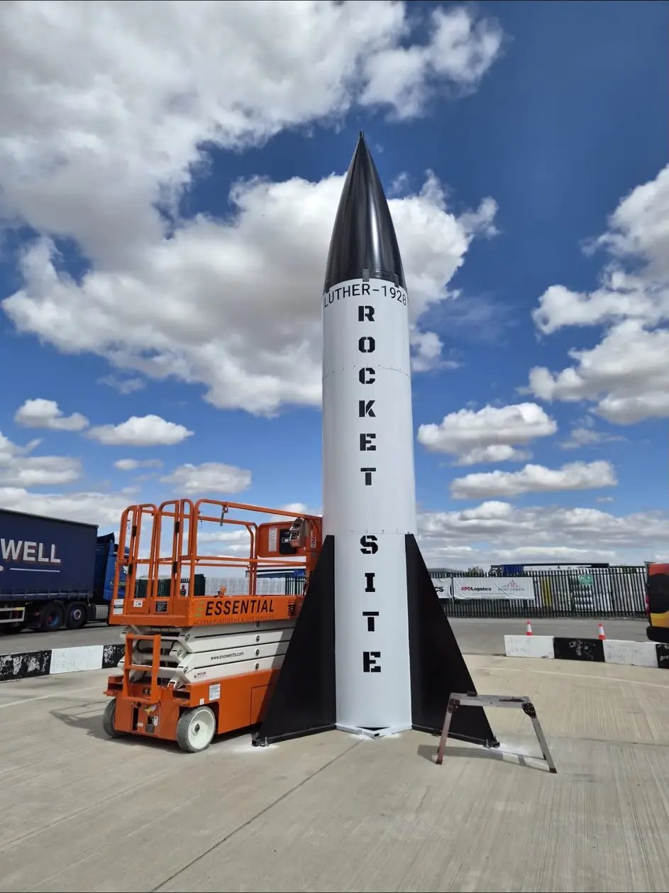 Close view of the 8.5-metre Cerberus steel rocket against a blue sky